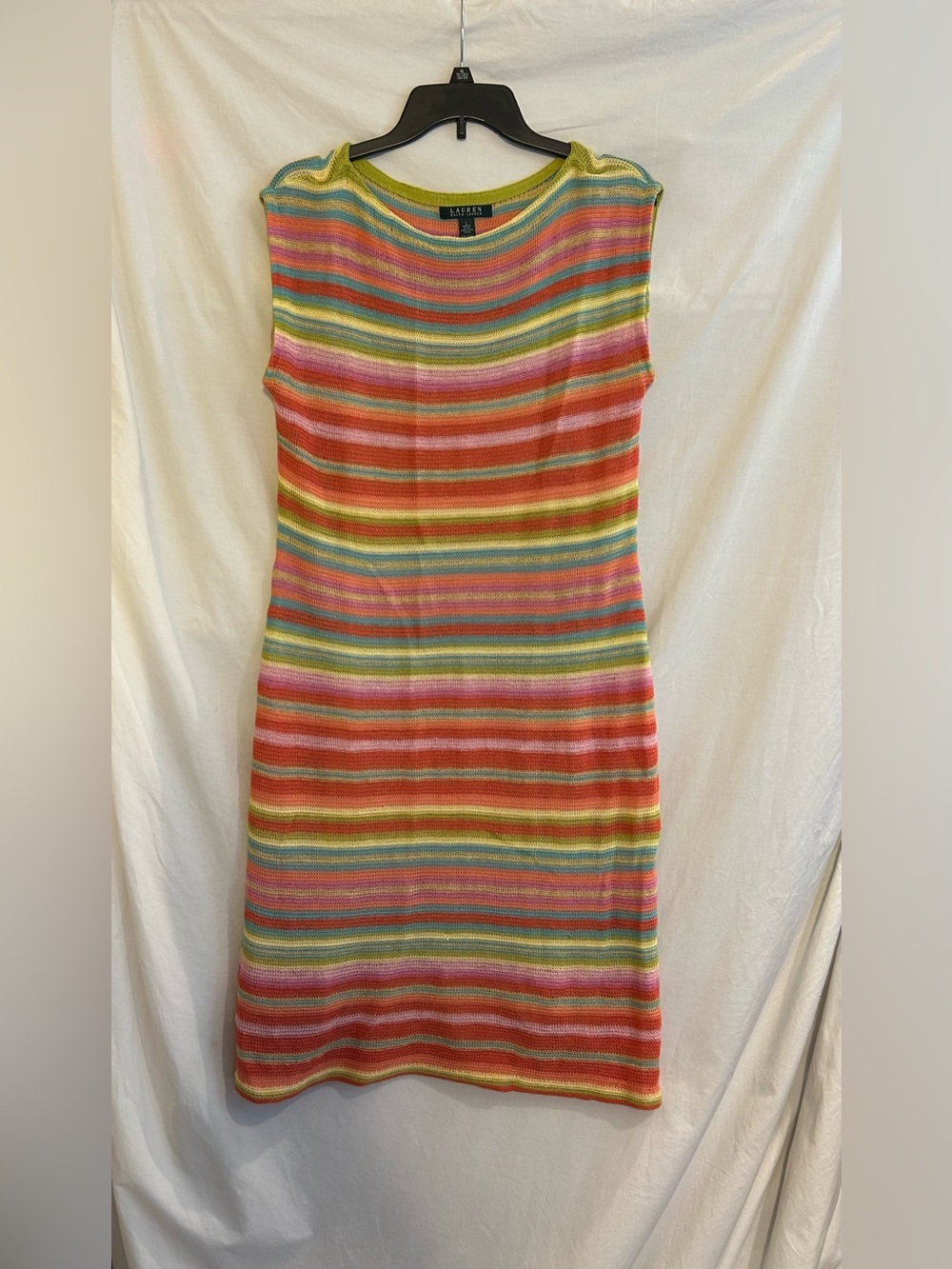 Lauren Ralph Lauren Womens Large Coral Striped Linen Silk Sleeveless Knit Dress